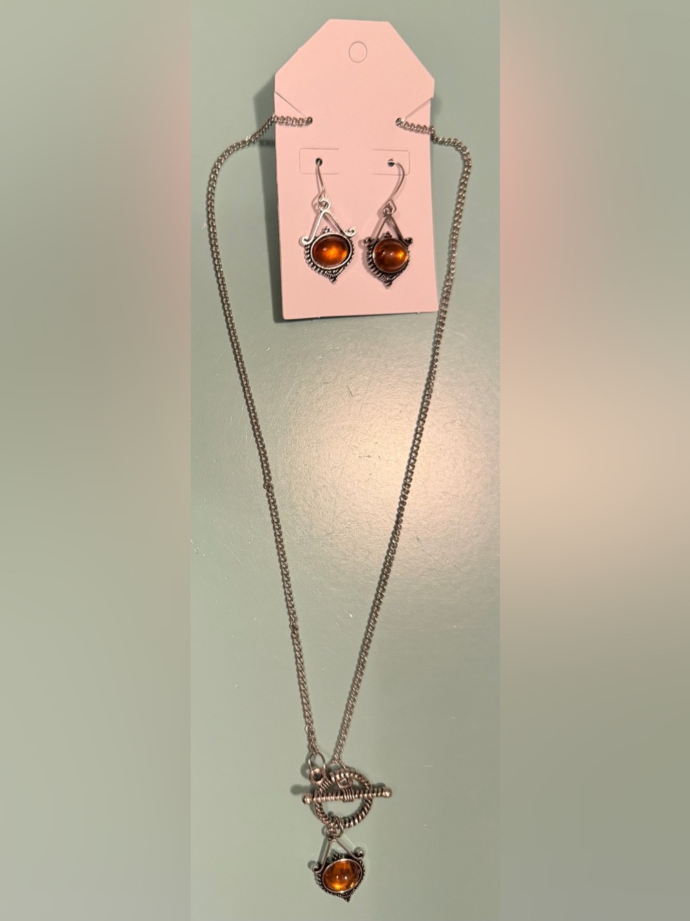 Silver-Tone Front Closure Necklace & Earring Set with Amber Glass Pendants